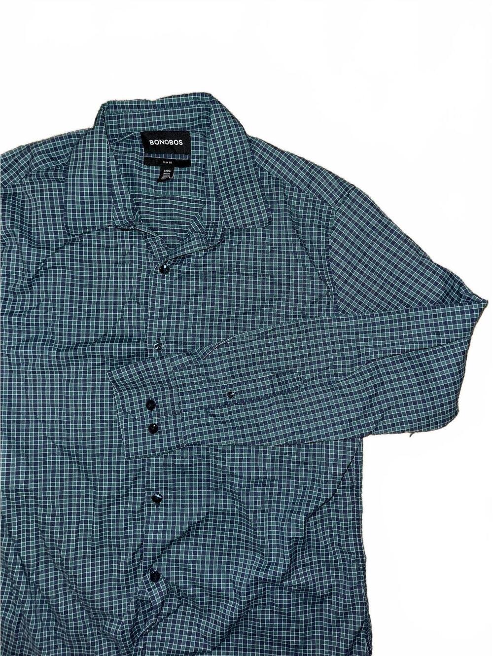 Men’s Bonobos blue green plaid button up slim fit shirt Size L